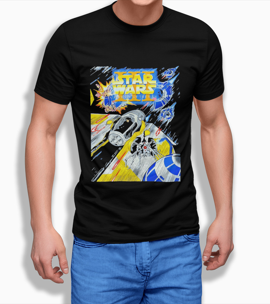 Star Wars Revenge Of The Sith Galactic Battle Artwork Featuring Anakin Skywalker And Iconic Droid Spaceships T-Shirt