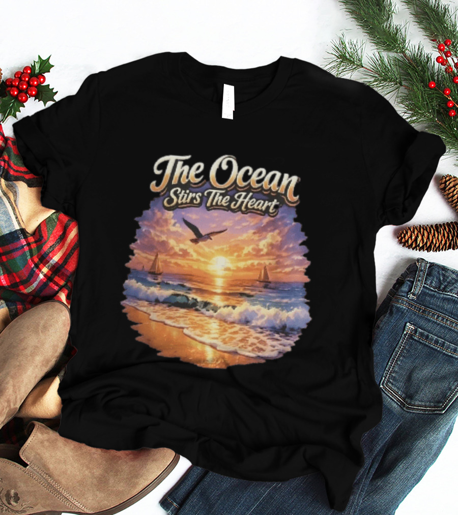 The Ocean Stirs The Heart Seagull Flying Sunset Beach Sailboats Waves T-Shirt