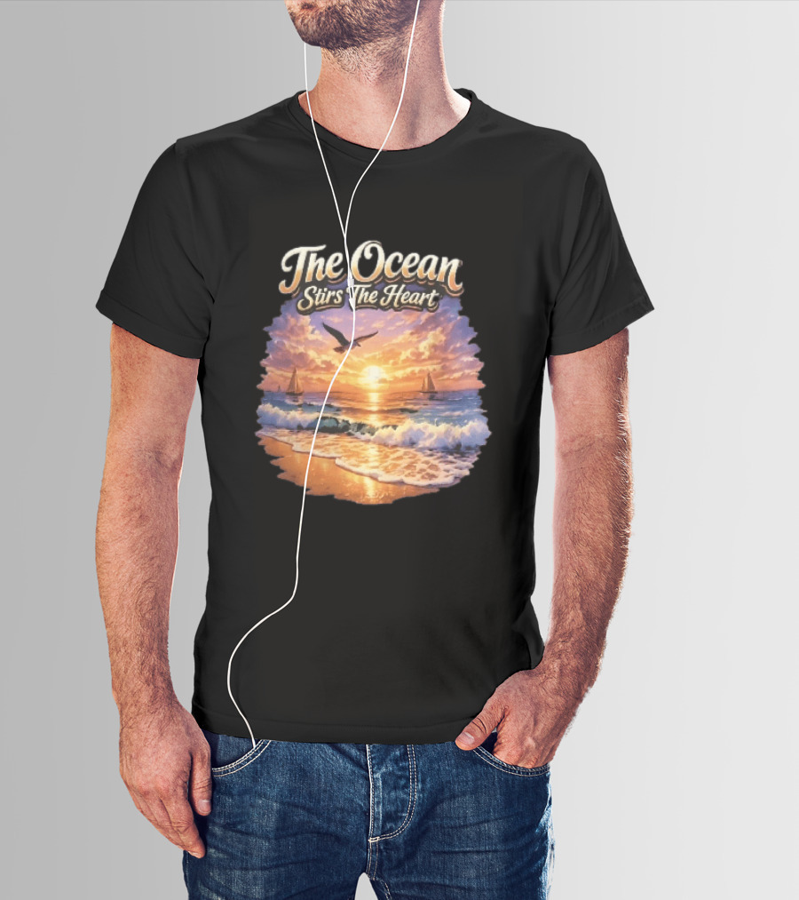 The Ocean Stirs The Heart Seagull Flying Sunset Beach Sailboats Waves T-Shirt