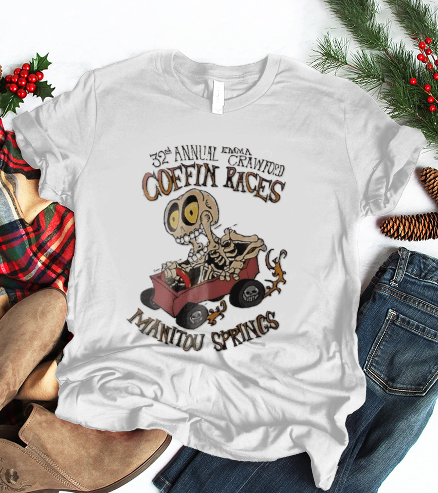 32nd Annual Emma Crawford Coffin Races Manitou Springs Cartoon Skeleton Racing Go Kart Flames T-Shirt