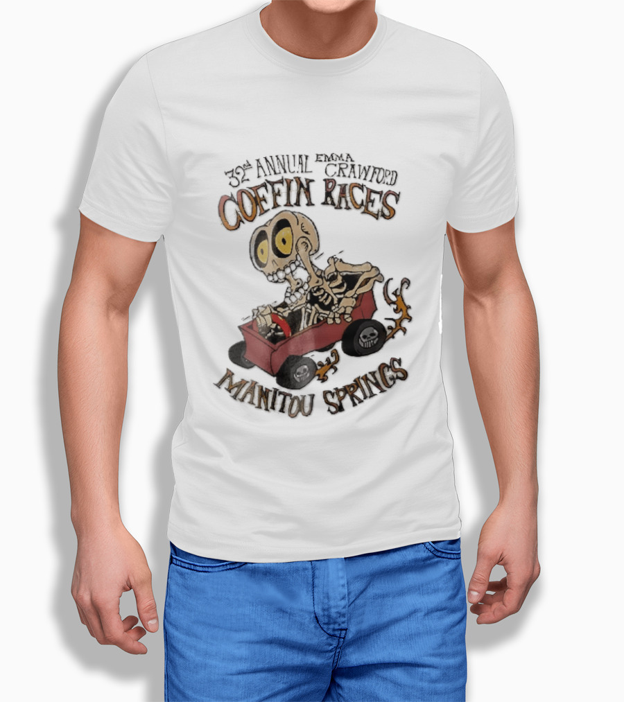 32nd Annual Emma Crawford Coffin Races Manitou Springs Cartoon Skeleton Racing Go Kart Flames T-Shirt