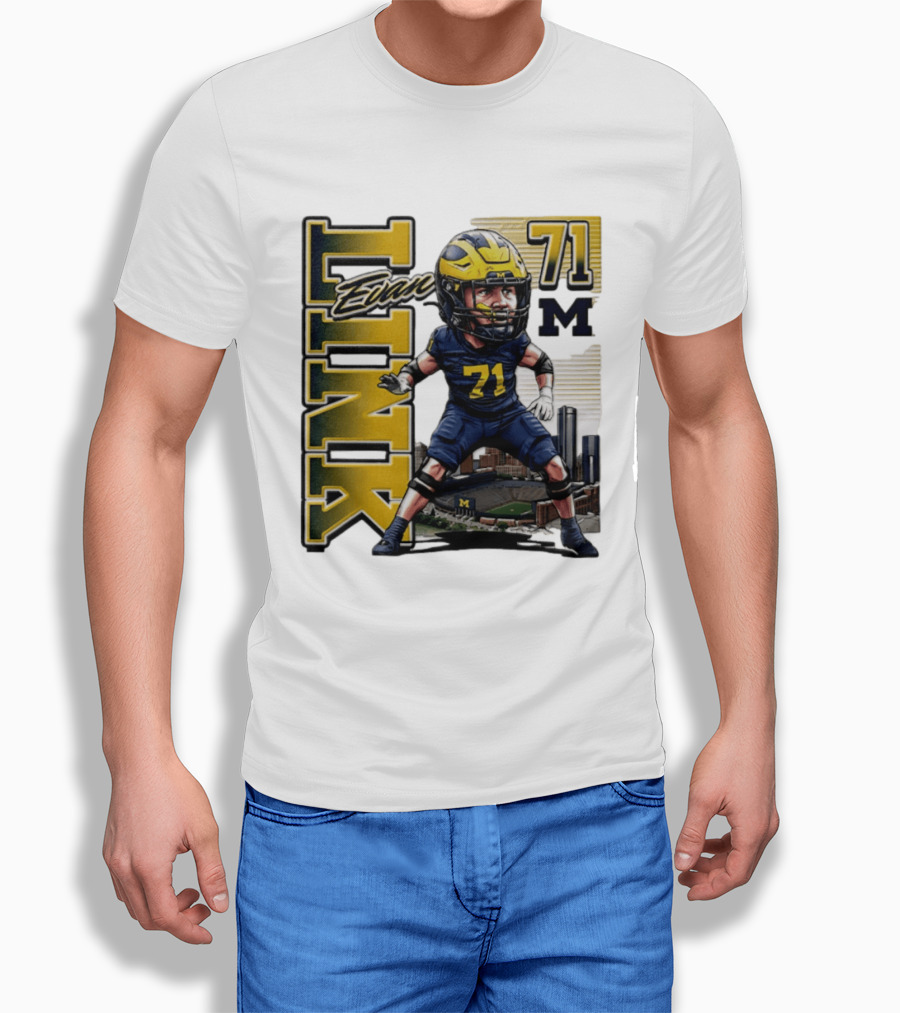 Evan Link 71 Michigan Wolverines Football Caricature T-Shirt