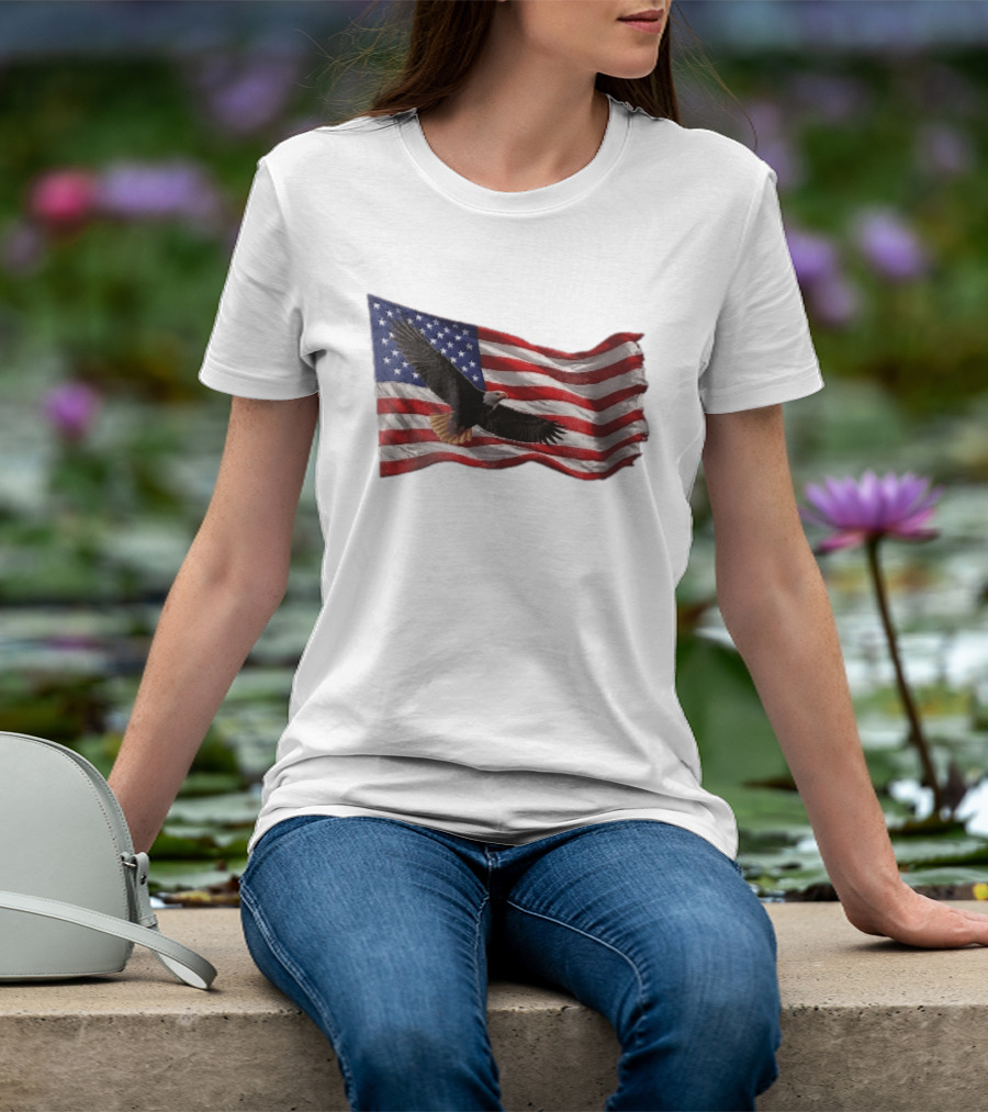 Bald Eagle Soaring Over Distressed American Flag Patriotic T-Shirt