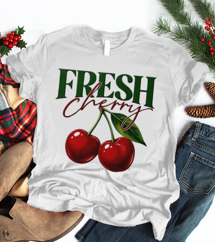 Fresh Cherry Twin Red Fruit And Leaves T-Shirt
