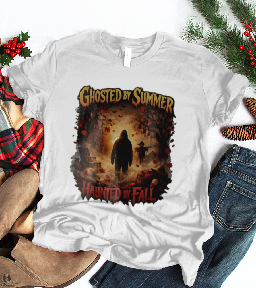 Ghosted By Summer Haunted By Fall Hooded Figure Autumn Orchard Scarecrow Pumpkins T-Shirt
