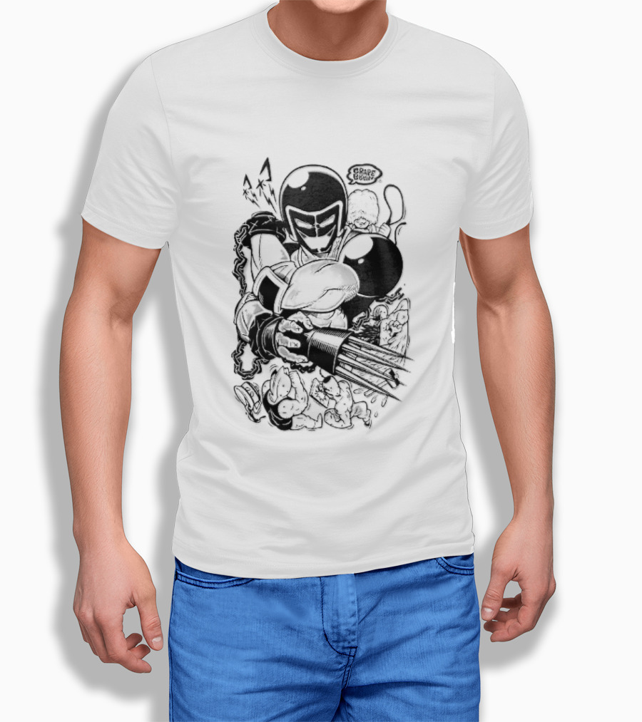Grape Brain Masked Cyborg Wrestler Spiked Claws Chains Cartoon Line Drawing T-Shirt