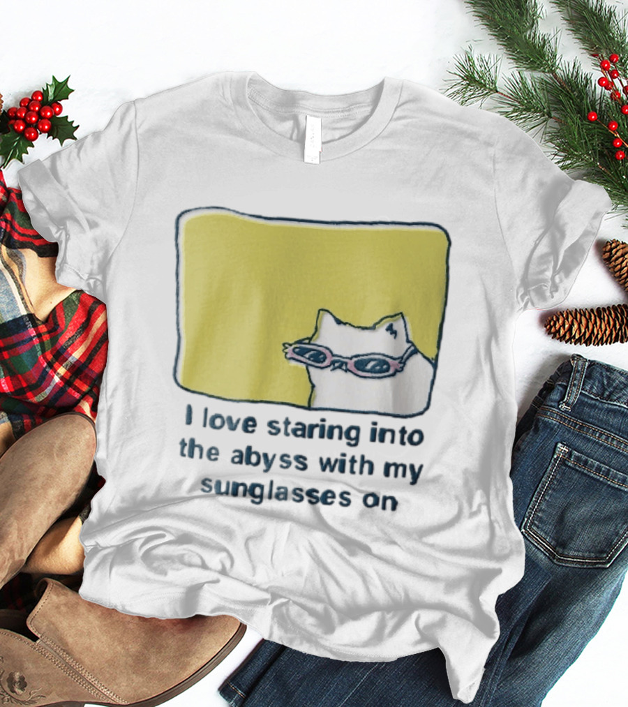 I Love Staring Into The Abyss With My Sunglasses On White Cat Pink Glasses Popcornpunk Cartoon T-Shirt