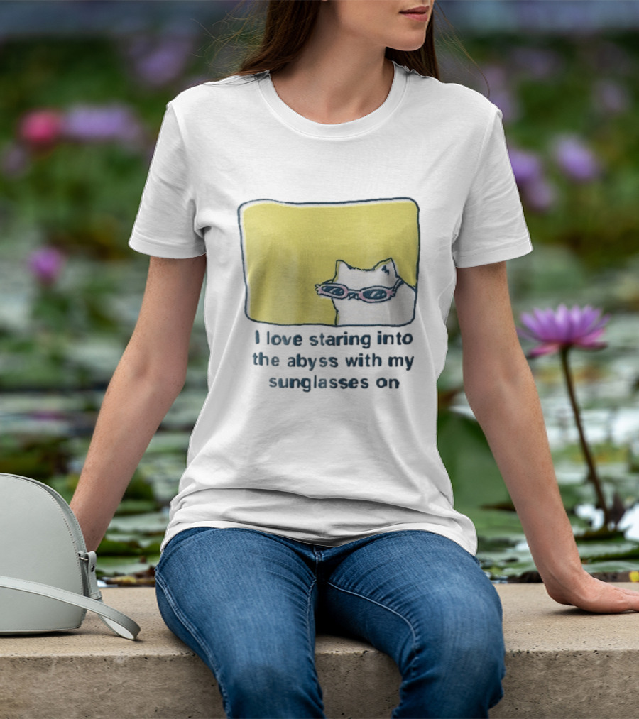 I Love Staring Into The Abyss With My Sunglasses On White Cat Pink Glasses Popcornpunk Cartoon T-Shirt
