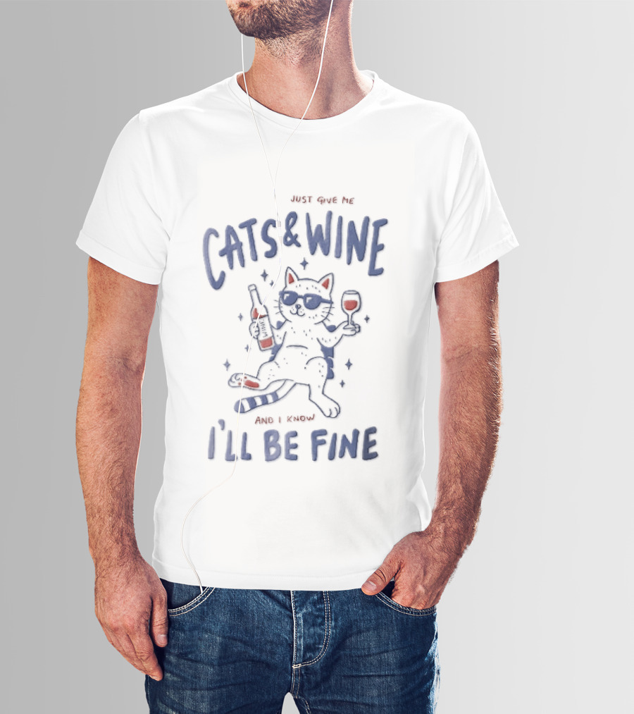 Just Give Me Cats And Wine I'll Be Fine Cartoon Feline Sunglasses Drink Bottle T-Shirt