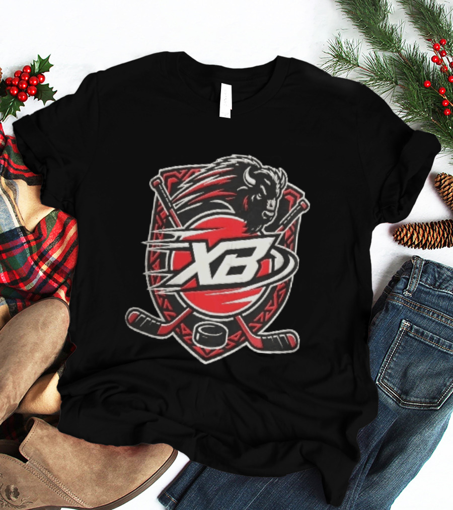Xb Buffalo Bison Head With Crossed Hockey Sticks And Puck Shield Crest T-Shirt