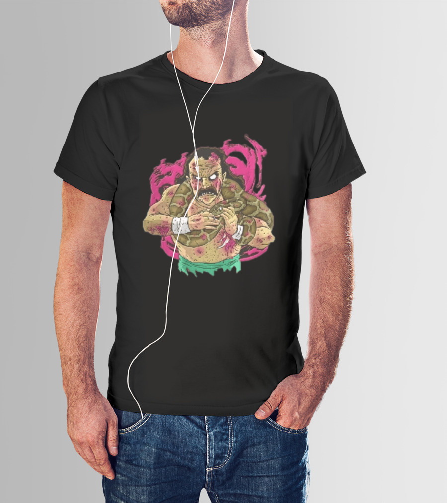 Zombie Wrestler Python Snake Pink Energy Burst Caricature T-Shirt