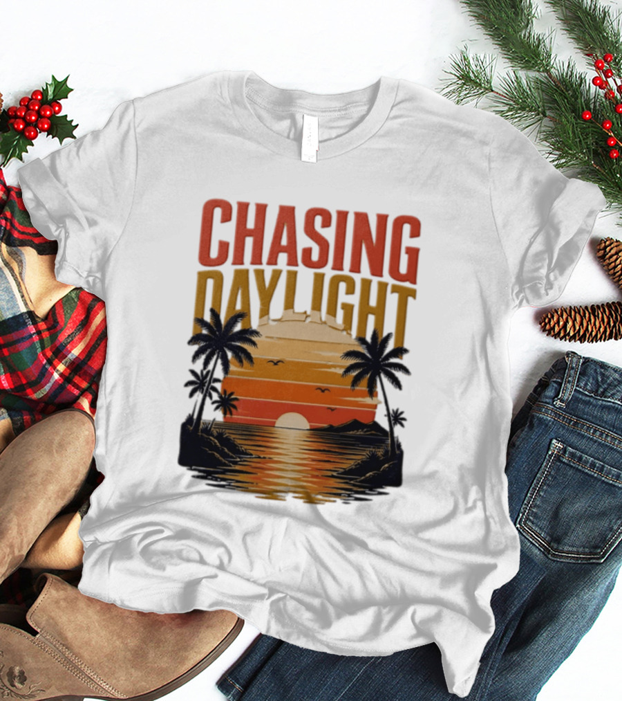 Chasing Daylight Tropical Beach Sunset Scene With Palms And Ocean Waves T-Shirt