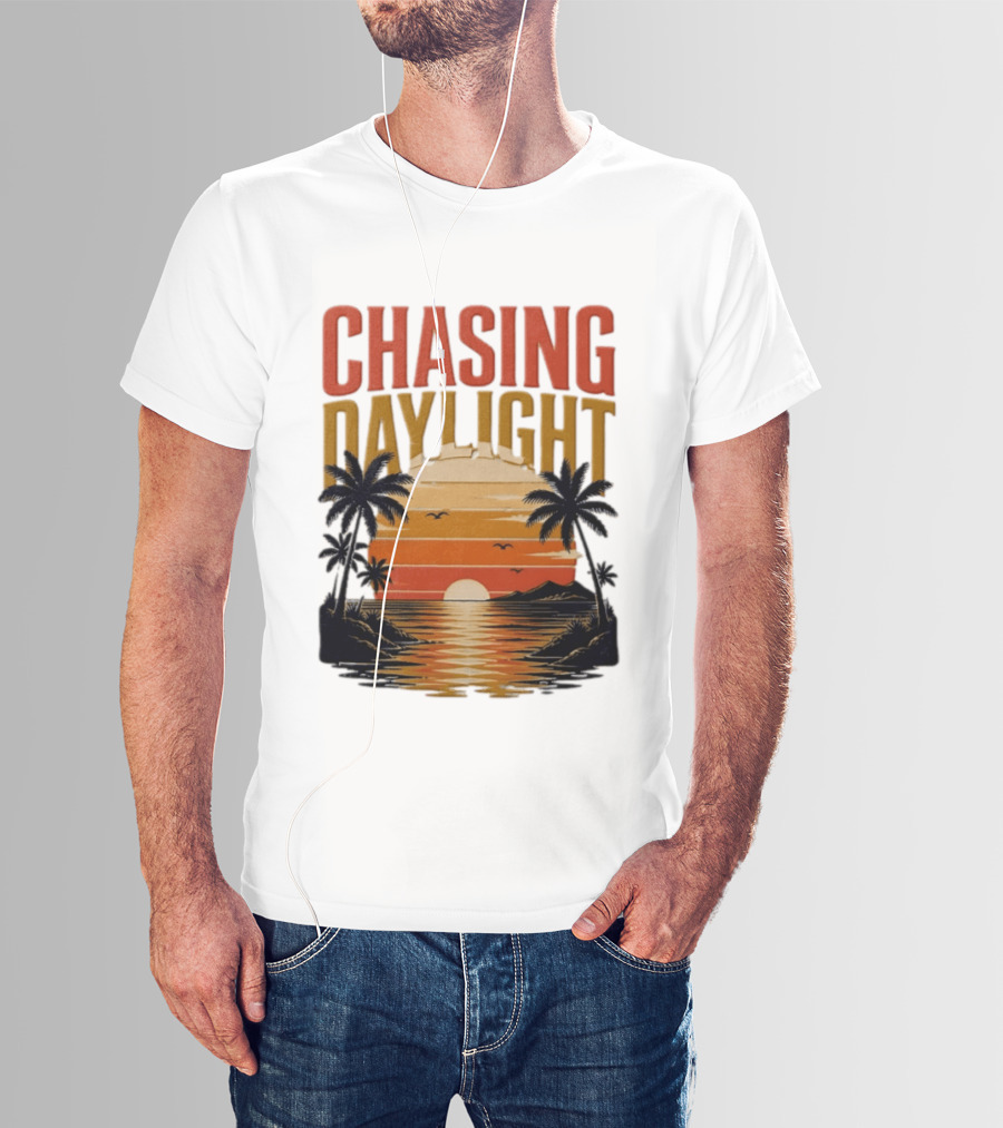 Chasing Daylight Tropical Beach Sunset Scene With Palms And Ocean Waves T-Shirt
