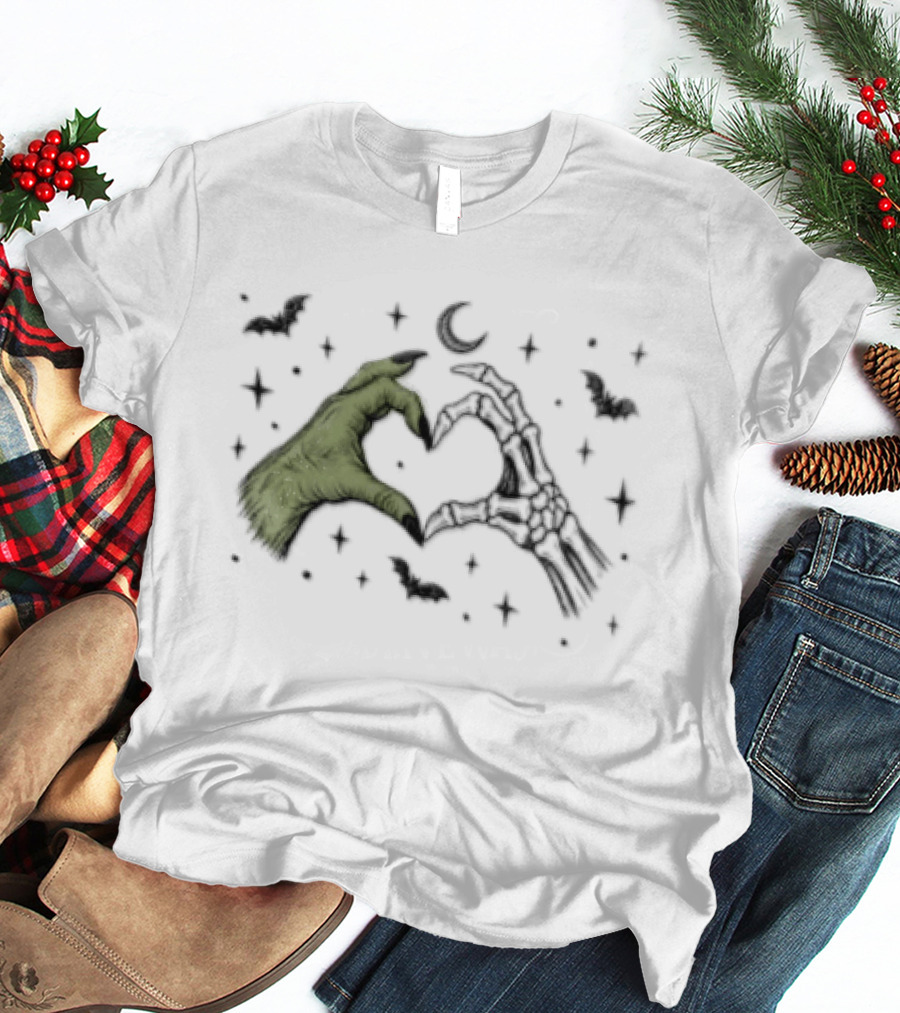 Witch Hand Skeleton Bone Heart Halloween Bats And Moon T-Shirt