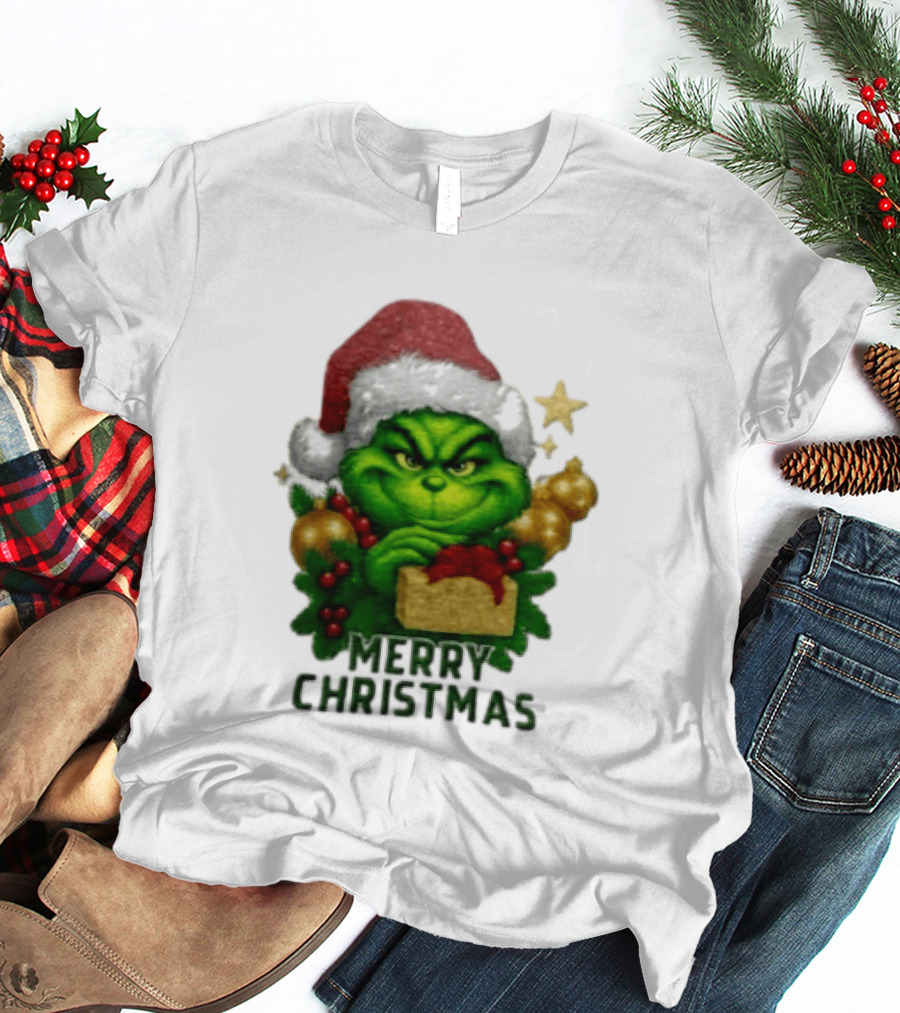 Merry Christmas Grinch Santa Claus Hat Gold Present Pine Branches T-Shirt
