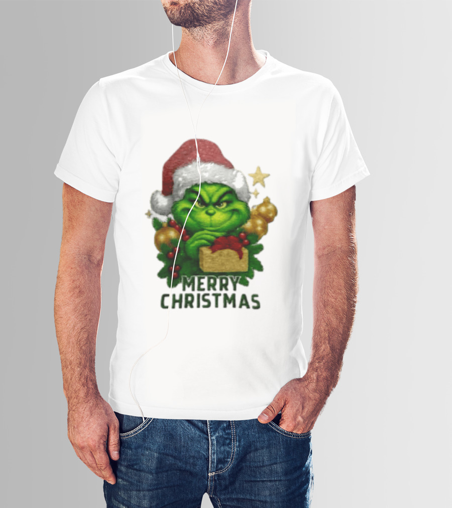 Merry Christmas Grinch Santa Claus Hat Gold Present Pine Branches T-Shirt