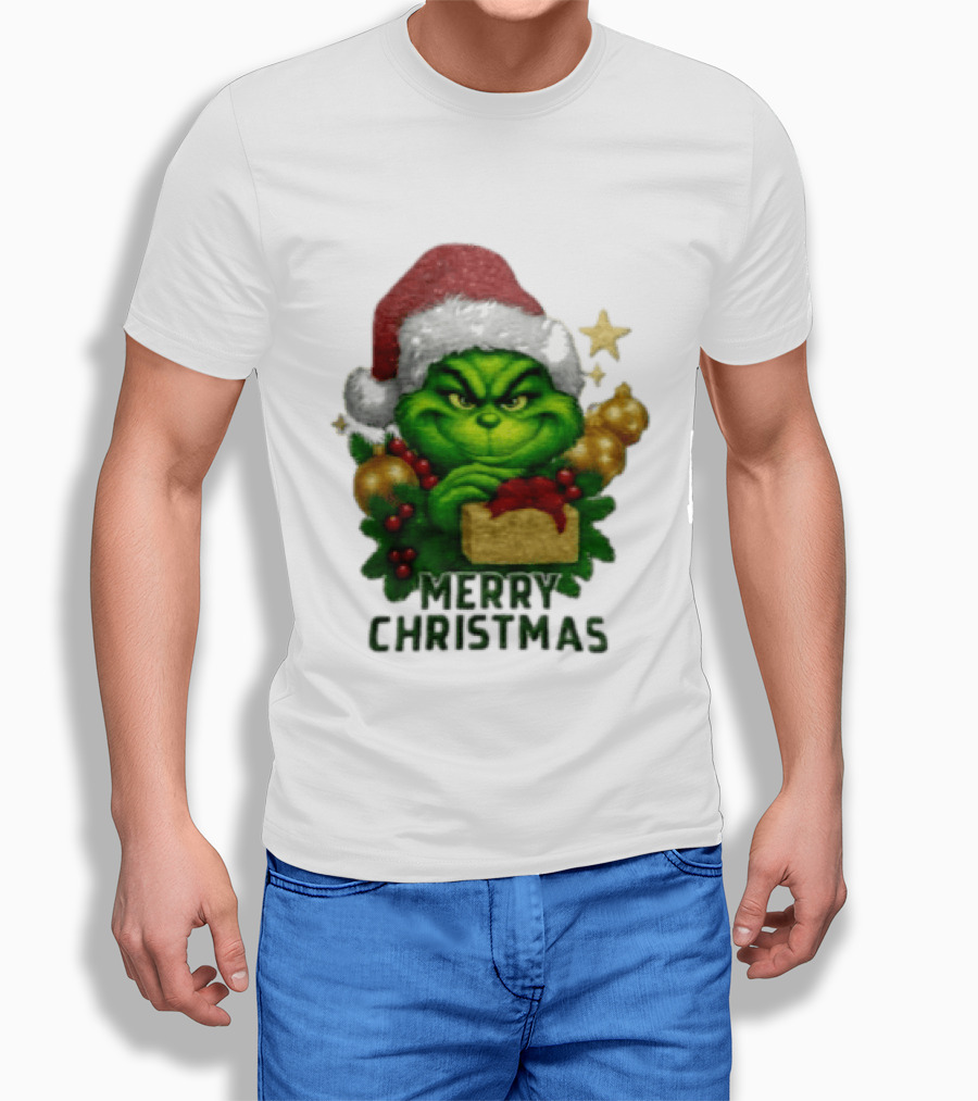 Merry Christmas Grinch Santa Claus Hat Gold Present Pine Branches T-Shirt