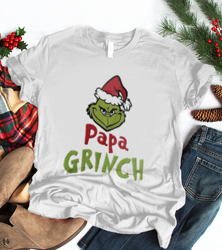 Papa Grinch Santa Claus Hat Green Face Cartoon T-Shirt