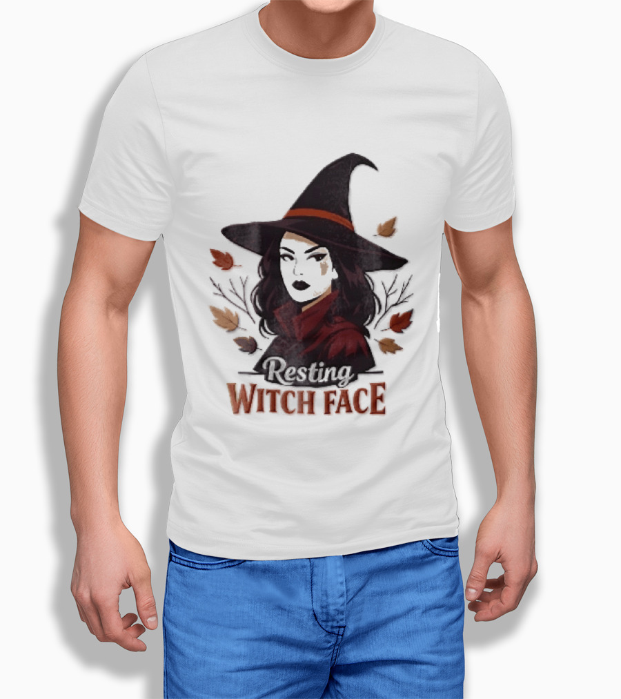 Resting Witch Face Dark Hair Woman Pointy Hat Autumn Leaves Halloween T-Shirt