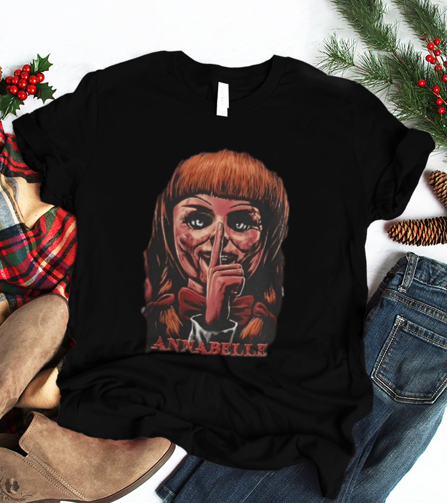 Annabelle Horror Doll Shushing Finger Red Bow Tie Eerie Doll Face T-Shirt