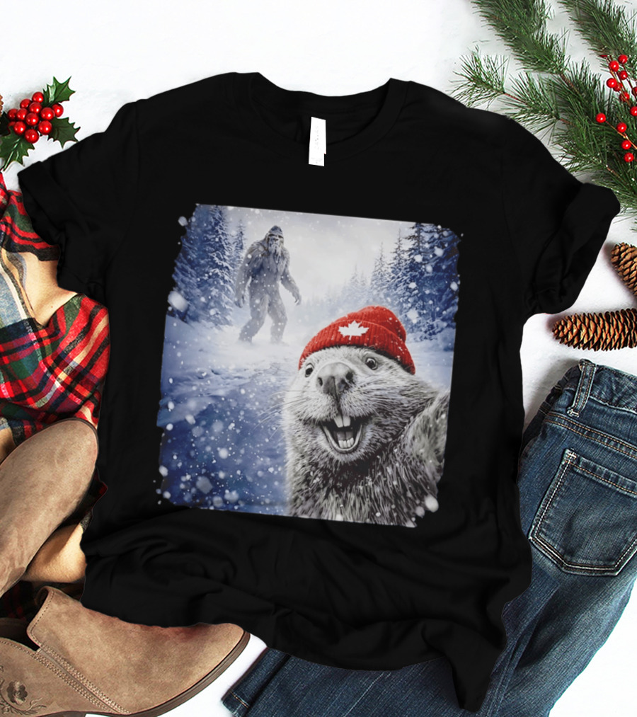 Beaver Selfie With Sasquatch In Snowy Canadian Forest T-Shirt