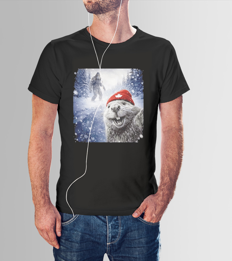 Beaver Selfie With Sasquatch In Snowy Canadian Forest T-Shirt