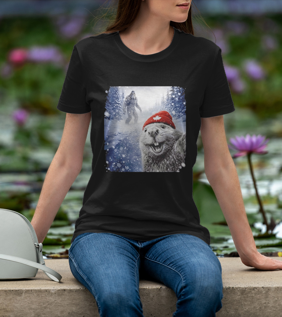 Beaver Selfie With Sasquatch In Snowy Canadian Forest T-Shirt