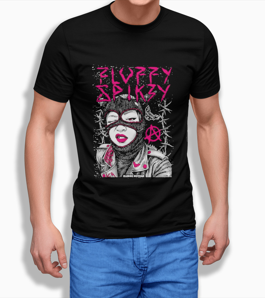 Fluffy Spikzy Elenoe Mothar Balaclava Anarchy Art With Barbed Wire And Punk T-Shirt