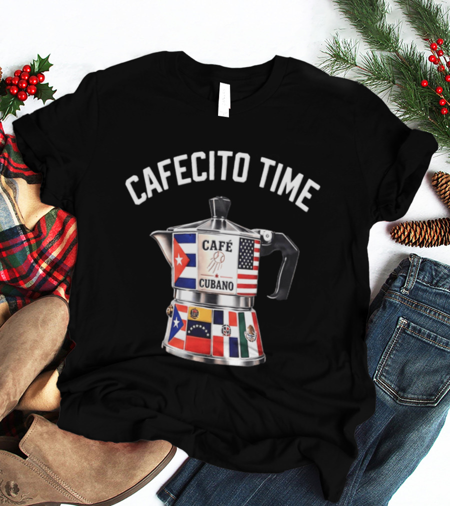Cafecito Time Café Cubano Kike Hernandez Cuban Coffee Flag Motif T-Shirt