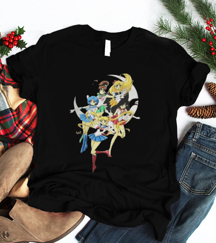 Sailor Moon Crescent Five Guardians Distressed Cartoon T-Shirt