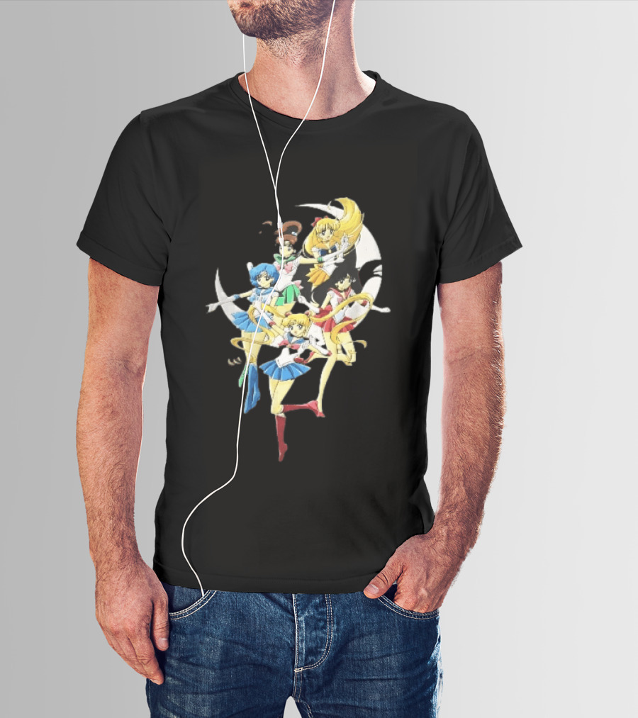 Sailor Moon Crescent Five Guardians Distressed Cartoon T-Shirt