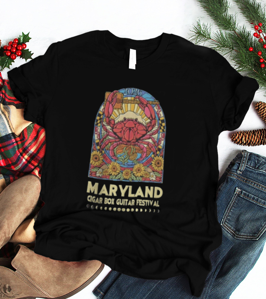 Maryland Cigar Box Guitar Festival 2026 Crab Stained Glass Sunflowers T-Shirt