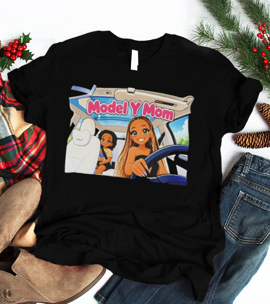 Model Y Mom Cartoon Driving Scene In Tesla T-Shirt