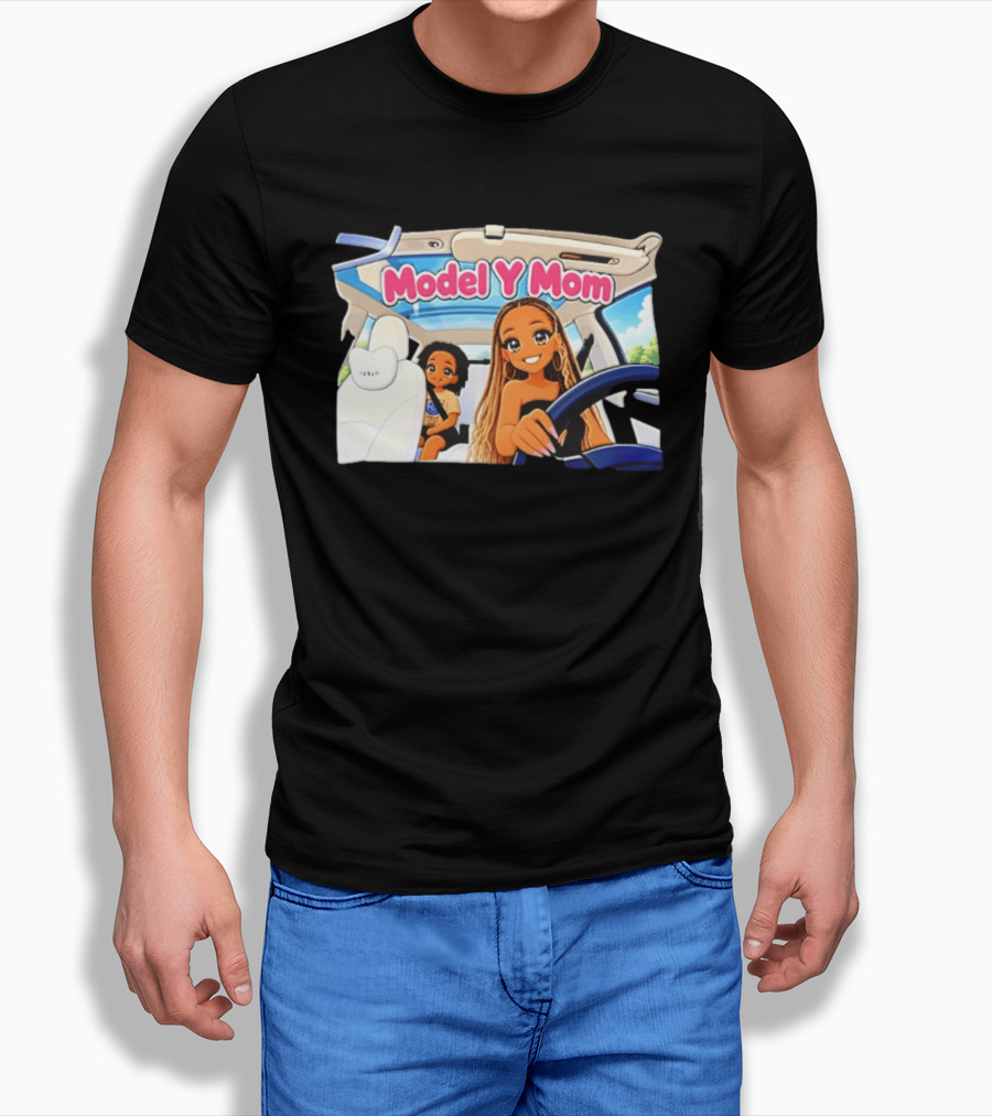 Model Y Mom Cartoon Driving Scene In Tesla T-Shirt