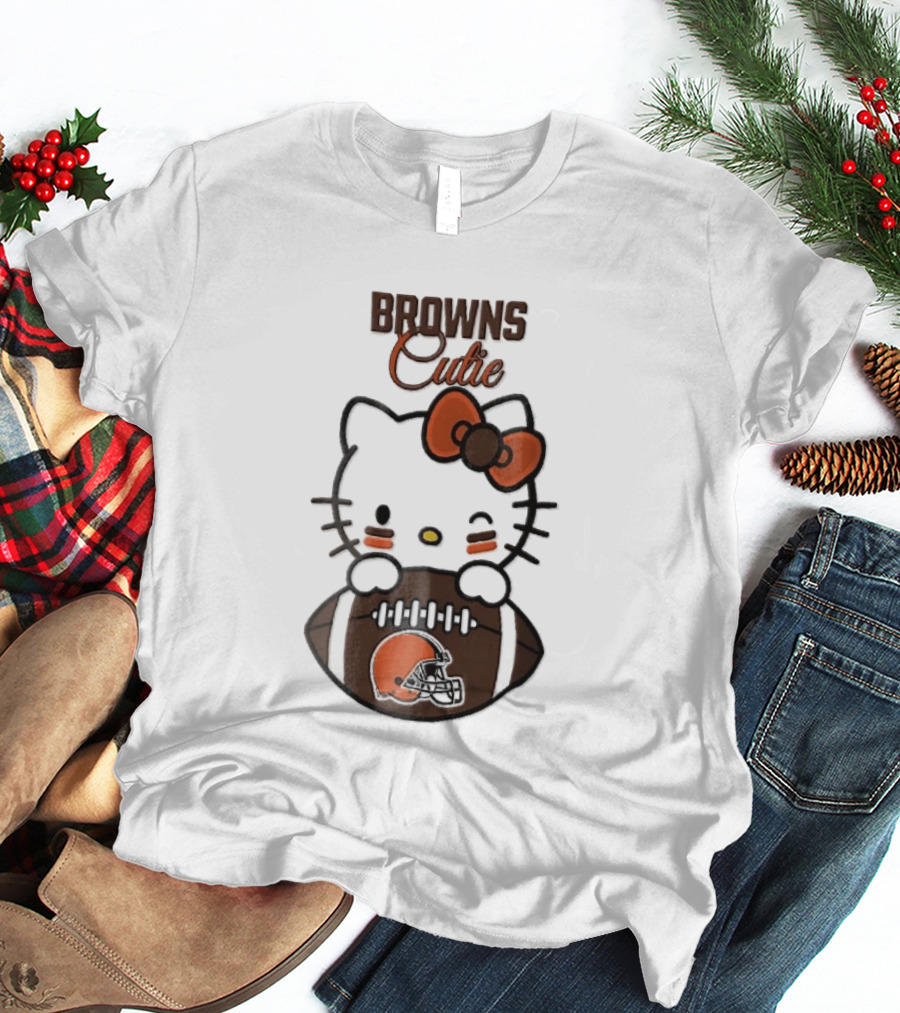 Browns Cutie Winking Cartoon Cat Bow Football T-Shirt