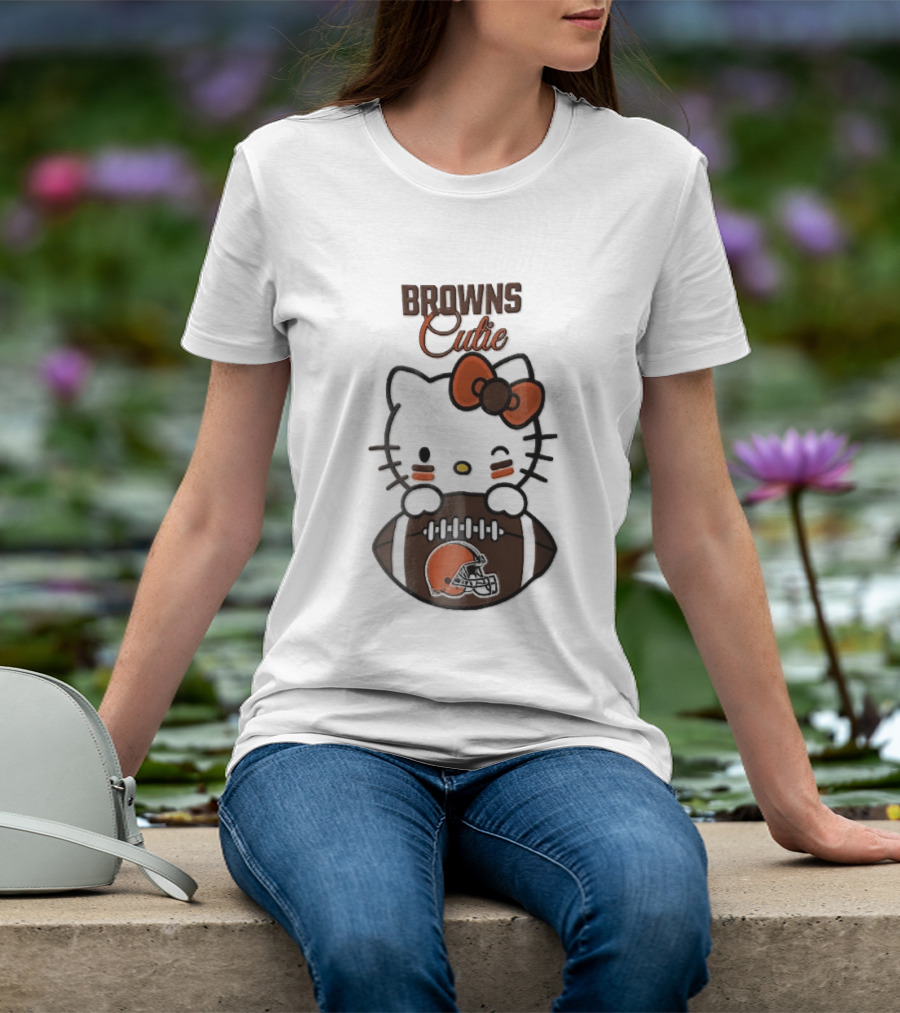 Browns Cutie Winking Cartoon Cat Bow Football T-Shirt