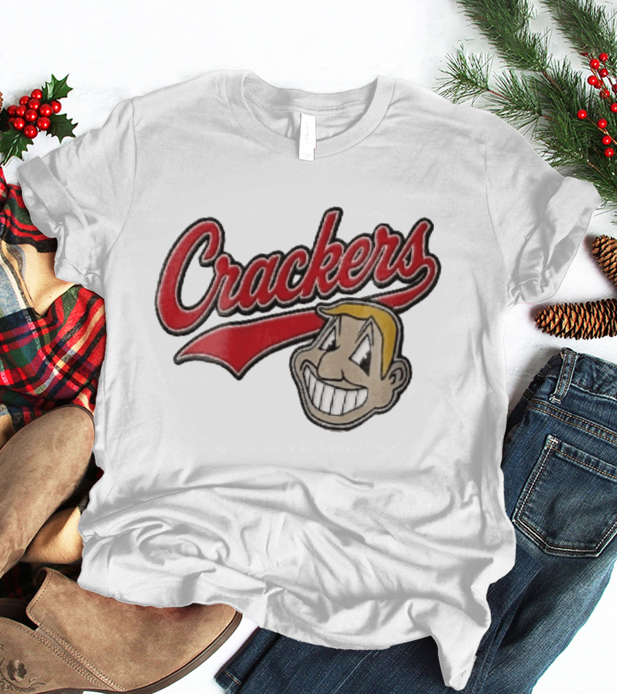 Crackers Cartoon Caricature Blonde Man Big Teeth Smile Red Script T-Shirt
