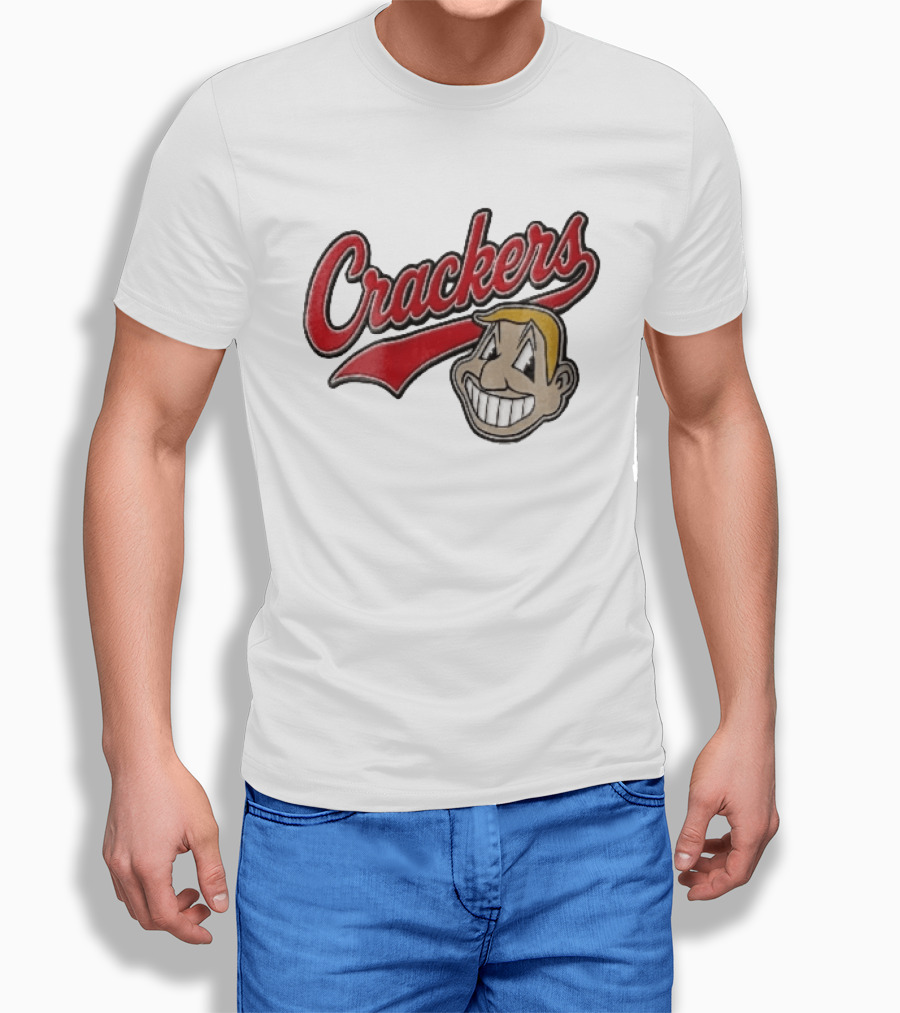 Crackers Cartoon Caricature Blonde Man Big Teeth Smile Red Script T-Shirt
