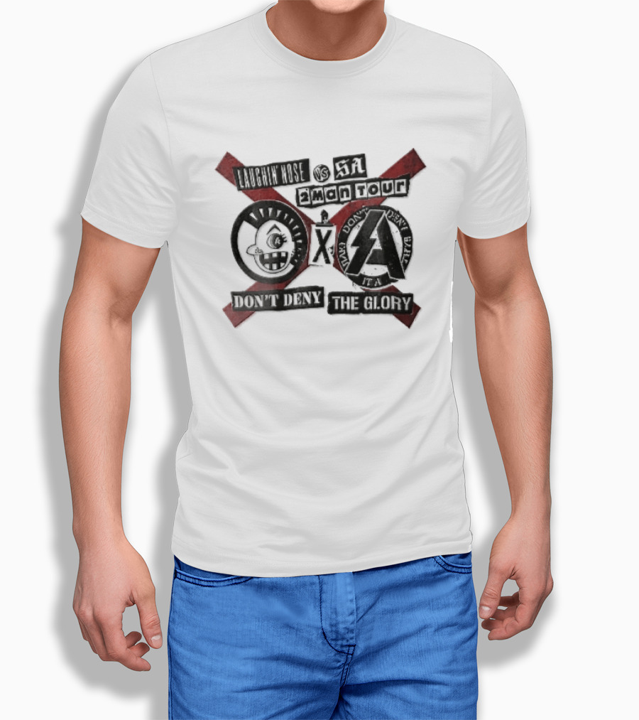 Laughin Nose SA Vs 2 Man Tour Don't Deny The Glory Punk Cartoon Face Red X Distressed Collage T-Shirt