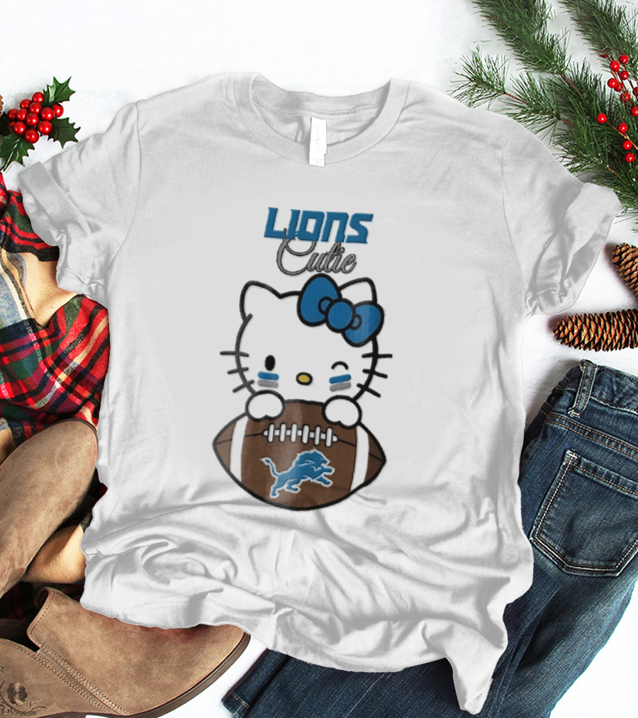 Detroit Lions Cute Cartoon Cat With Blue Bow Face Paint Football T-Shirt