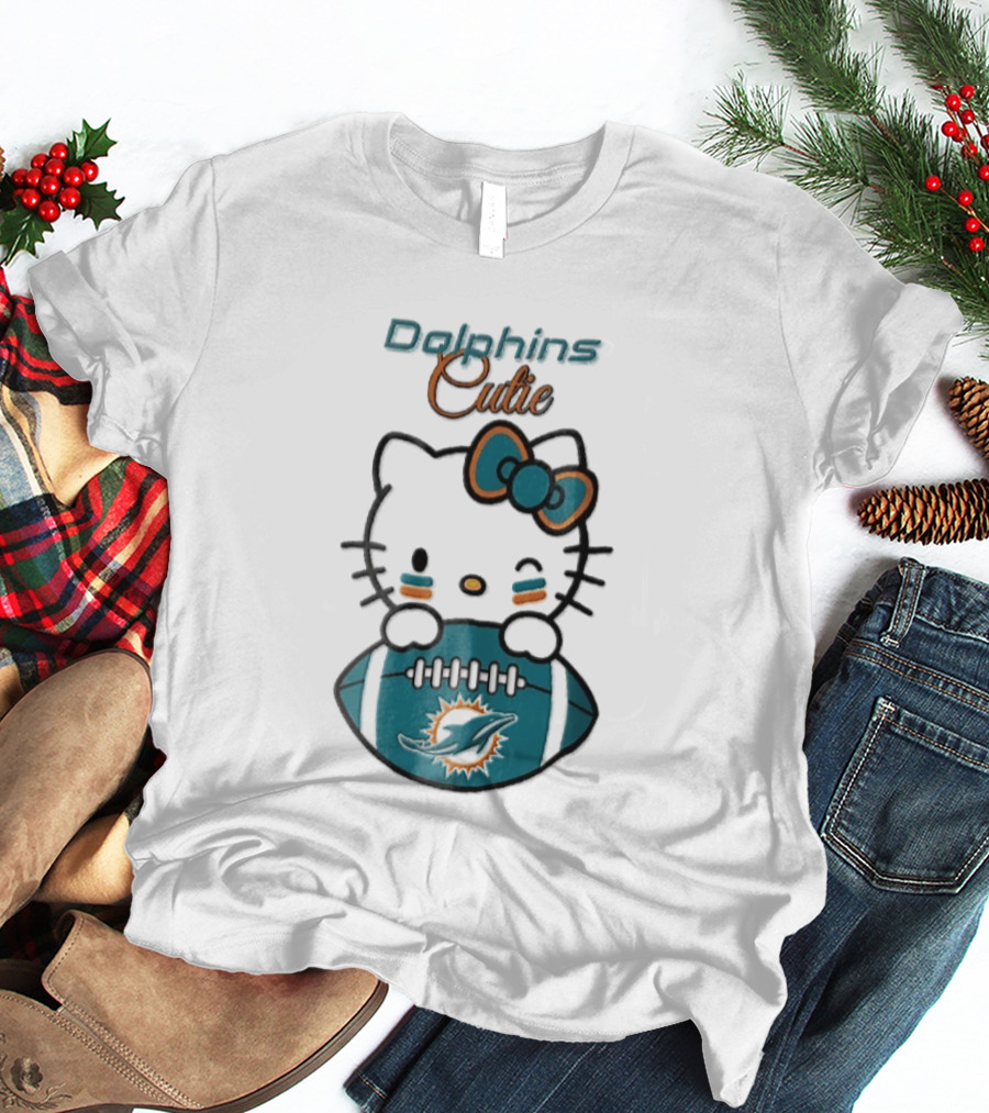 Miami Dolphins Cutie Winking Cat Bow Football T-Shirt