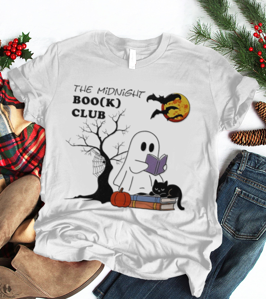 The Midnight Boo(k) Club Halloween Ghost Cat Pumpkin Moon T-Shirt