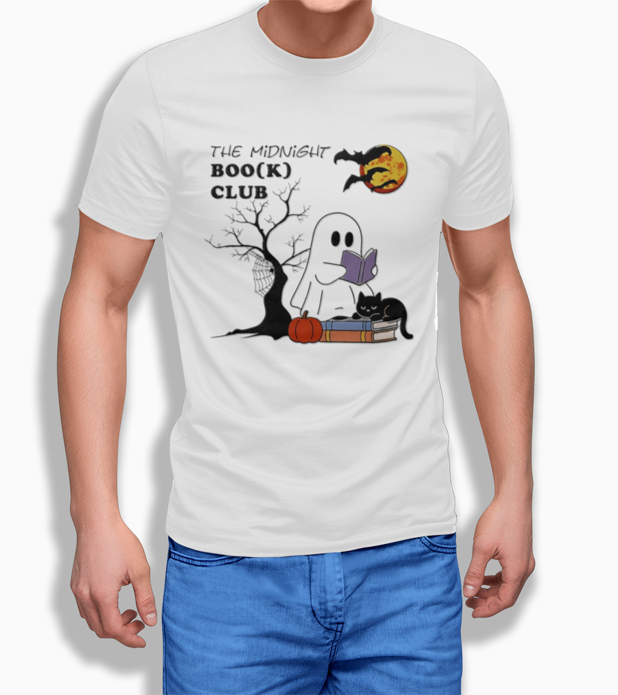 The Midnight Boo(k) Club Halloween Ghost Cat Pumpkin Moon T-Shirt