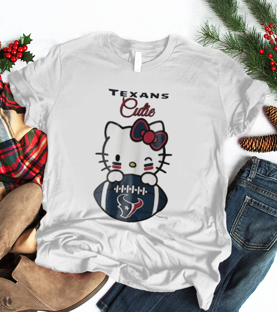 Texans Cutie Cartoon Cat Red Bow Winking Football T-Shirt