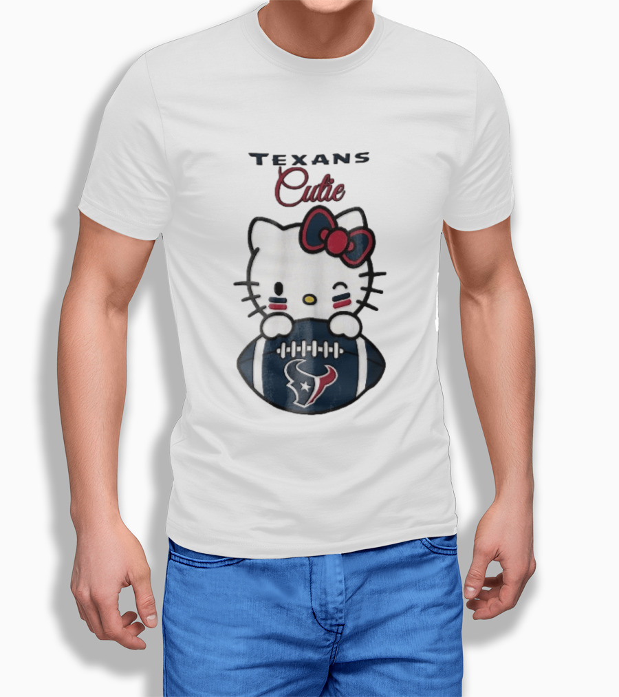 Texans Cutie Cartoon Cat Red Bow Winking Football T-Shirt