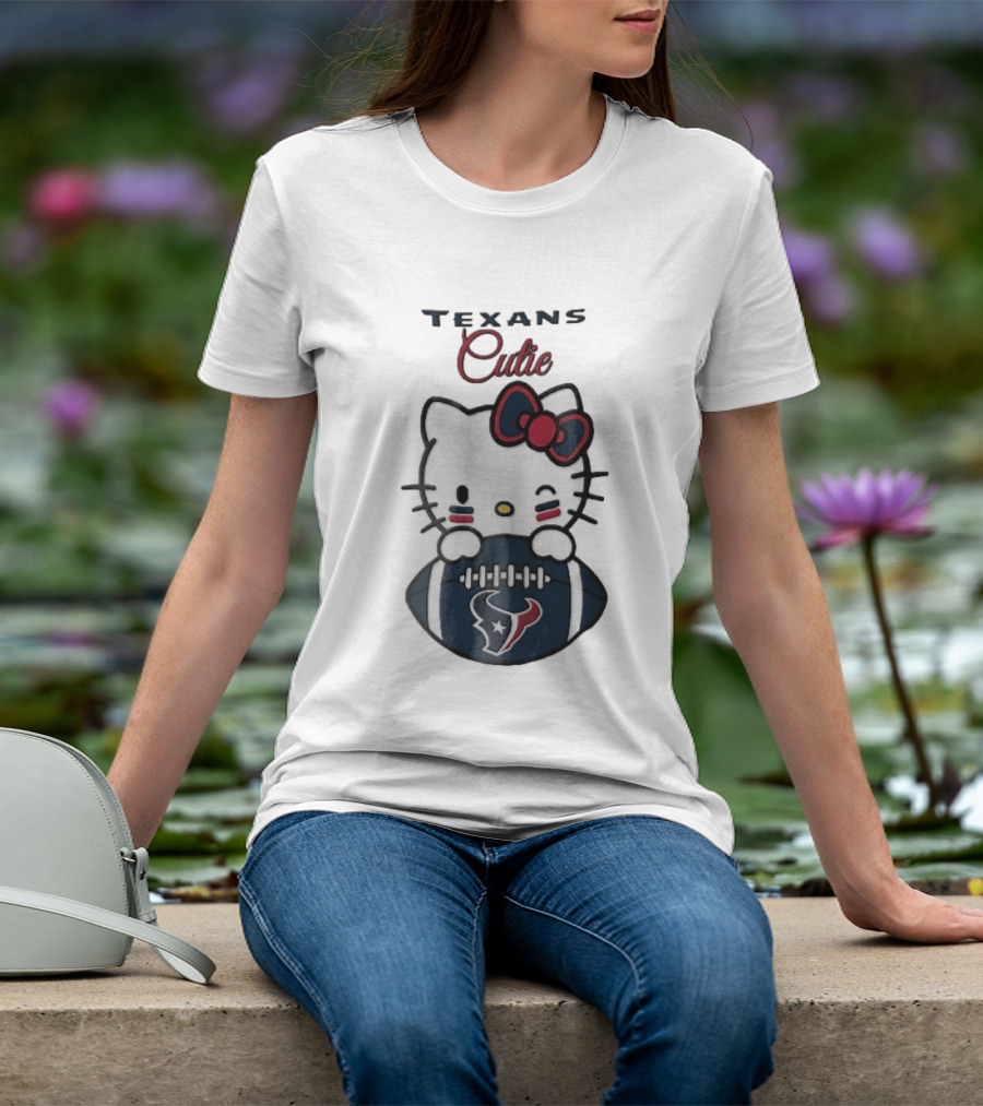 Texans Cutie Cartoon Cat Red Bow Winking Football T-Shirt
