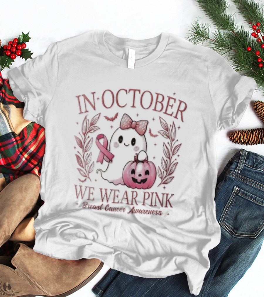 In October We Wear Pink Breast Cancer Awareness Ghost Bow Ribbon Pumpkin T-Shirt