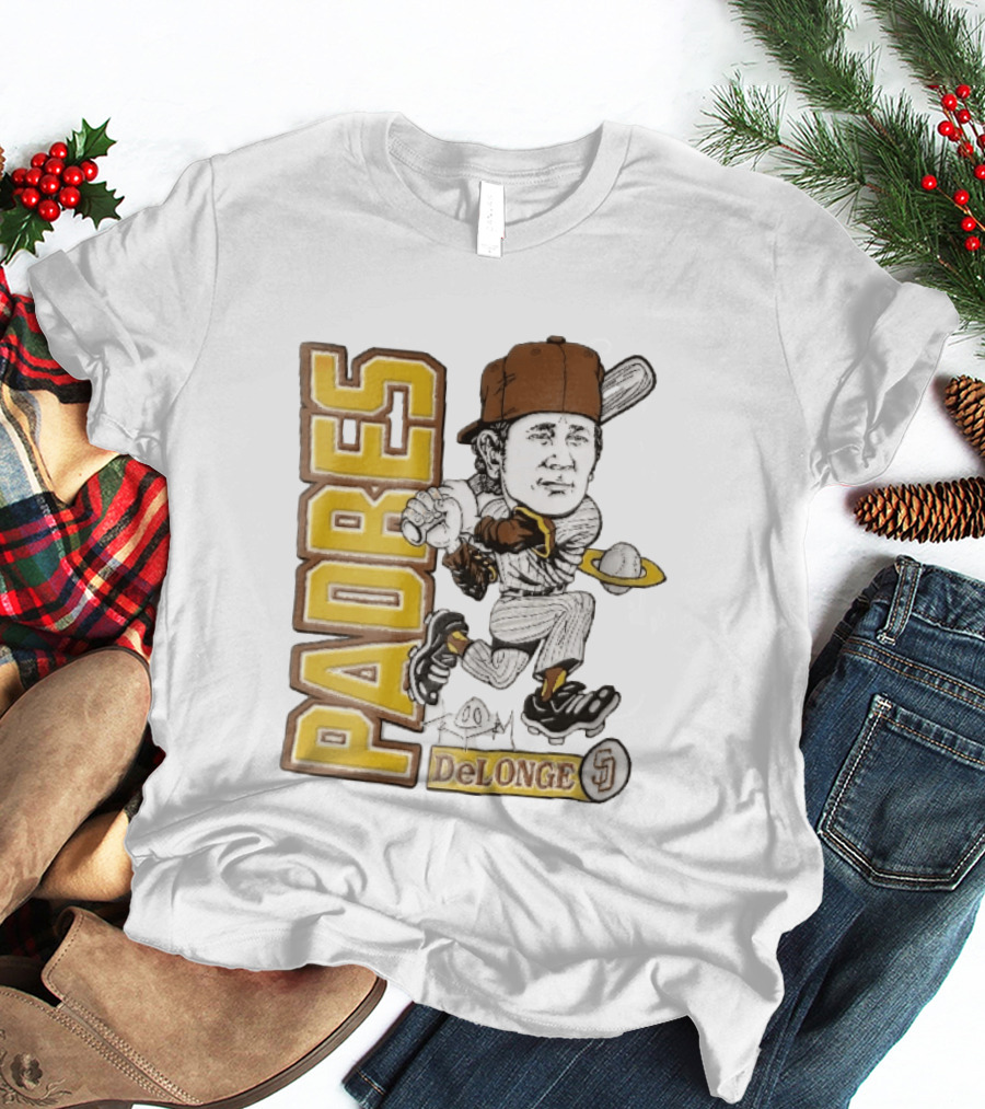 San Diego Padres DeLonge Cartoon Caricature Batter With Orbit Baseball T-Shirt