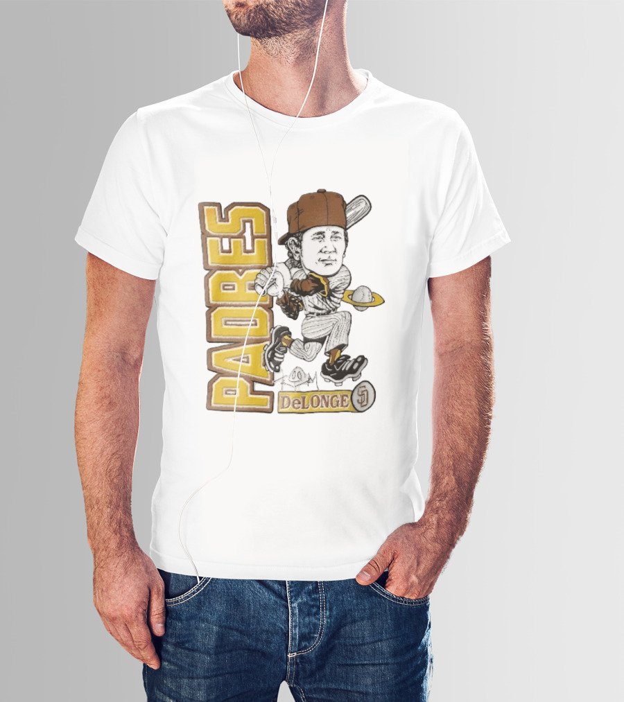 San Diego Padres DeLonge Cartoon Caricature Batter With Orbit Baseball T-Shirt
