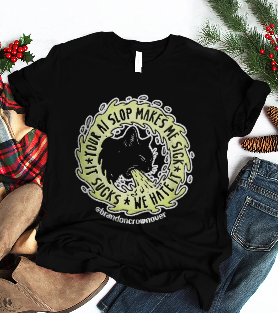 Your Ai Slop Makes Me Sick It Sucks We Hate Brandon Crownover Black Cat Vomiting Green Slime T-Shirt